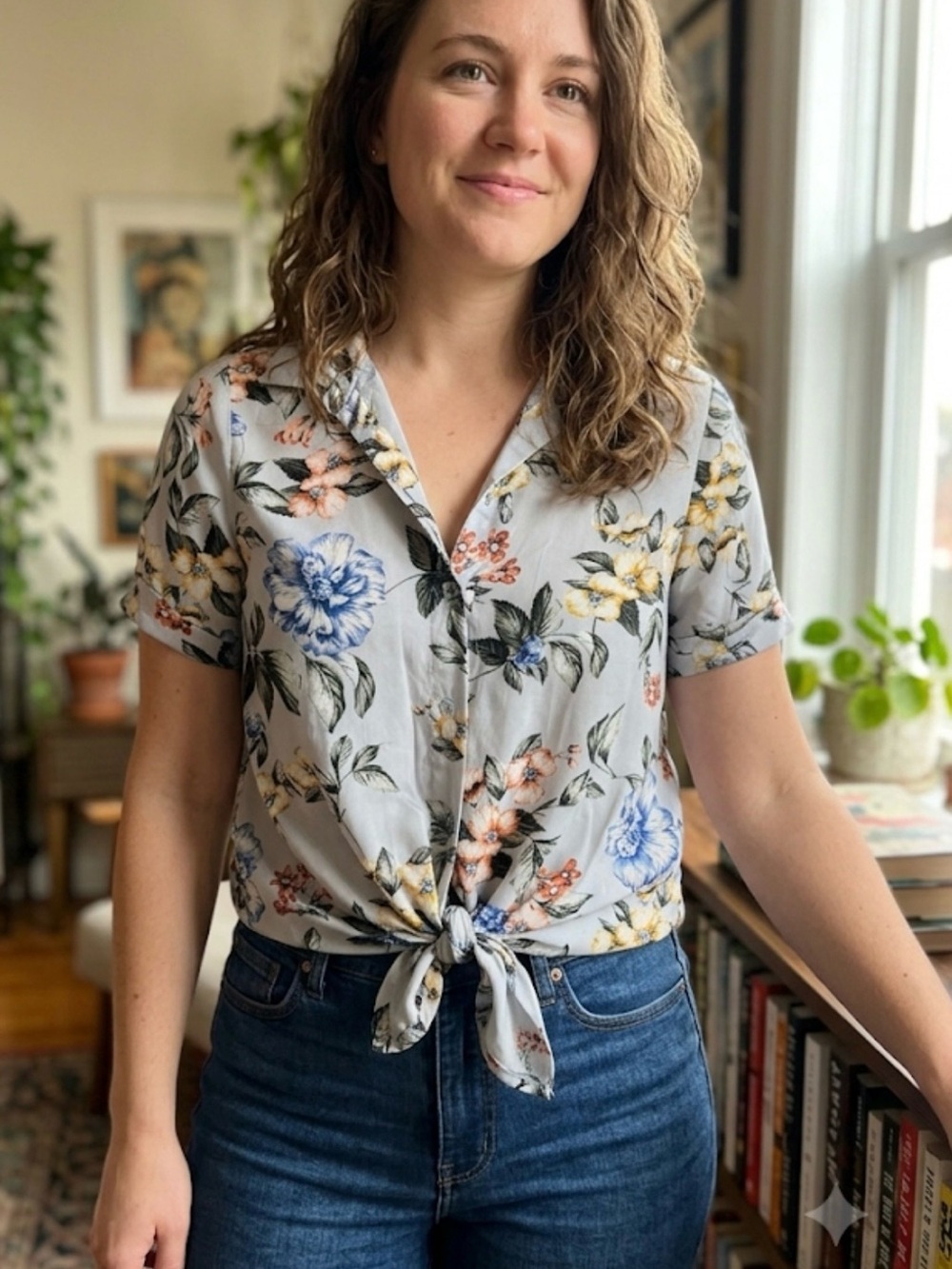 Maven West Light Gray Floral Tie-Front Button Down Shirt